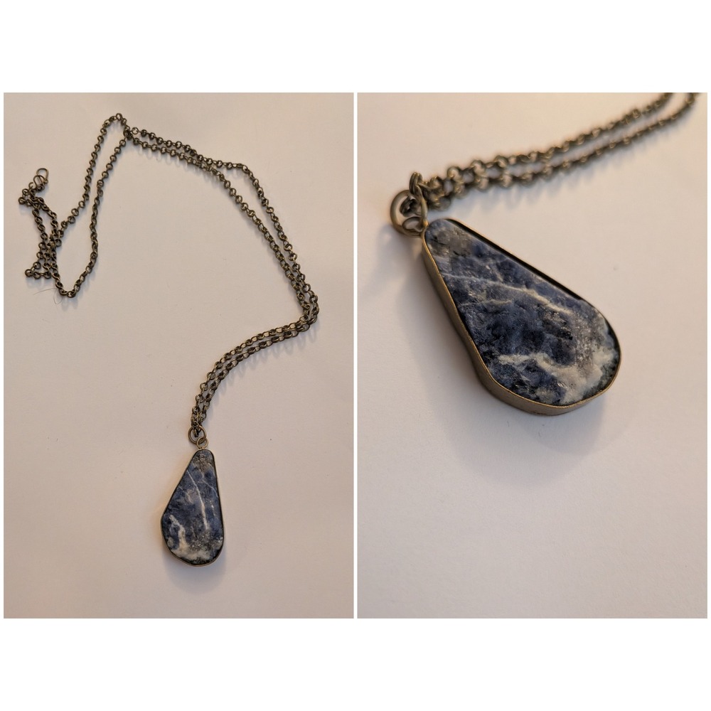 Natural Sodalite Teardrop‎ Pendant Necklace Bronze Tone Boho Blue White Stone